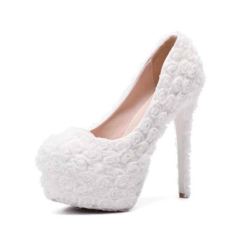 Women's High Heeled Thick Lace Bride's Wedding Shoes Round Head Hat Shoe 34-43