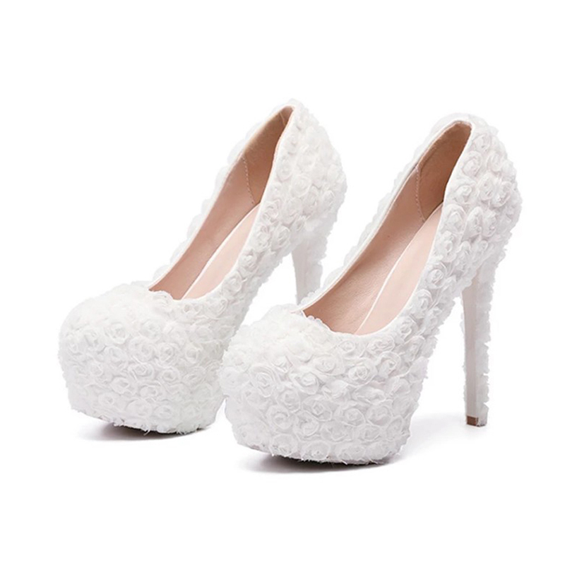 Women's High Heeled Thick Lace Bride's Wedding Shoes Round Head Hat Shoe 34-43