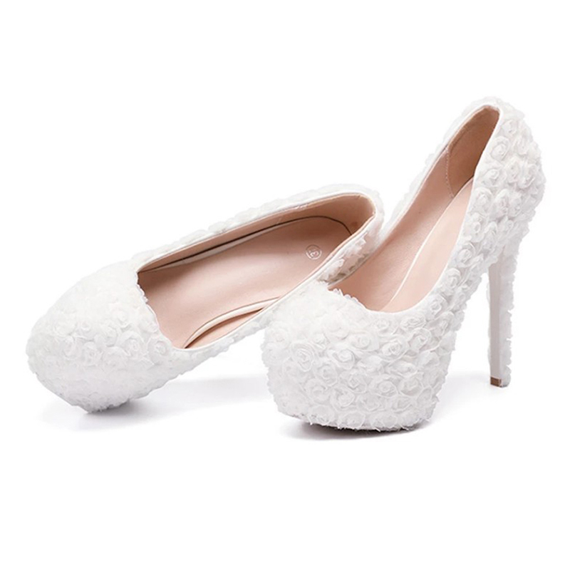 Women's High Heeled Thick Lace Bride's Wedding Shoes Round Head Hat Shoe 34-43