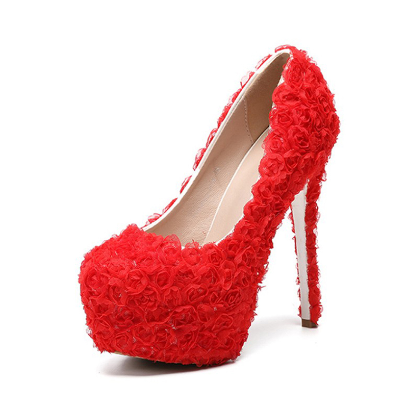 Women's High Heeled Thick Lace Bride's Wedding Shoes Round Head Hat Shoe 34-43