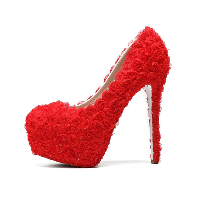 Women's High Heeled Thick Lace Bride's Wedding Shoes Round Head Hat Shoe 34-43