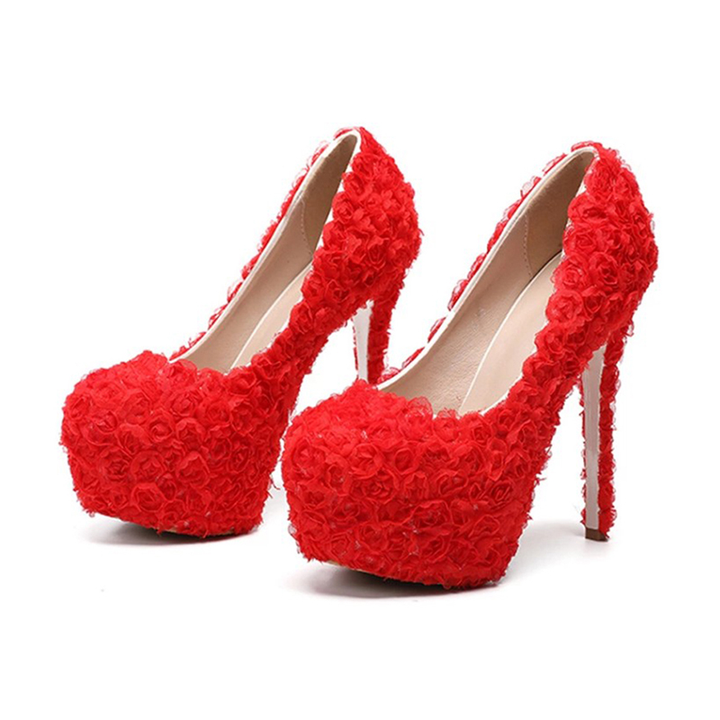 Women's High Heeled Thick Lace Bride's Wedding Shoes Round Head Hat Shoe 34-43