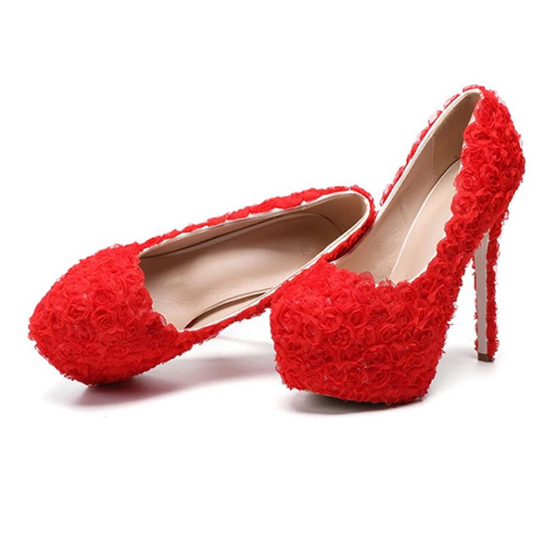 Women's High Heeled Thick Lace Bride's Wedding Shoes Round Head Hat Shoe 34-43