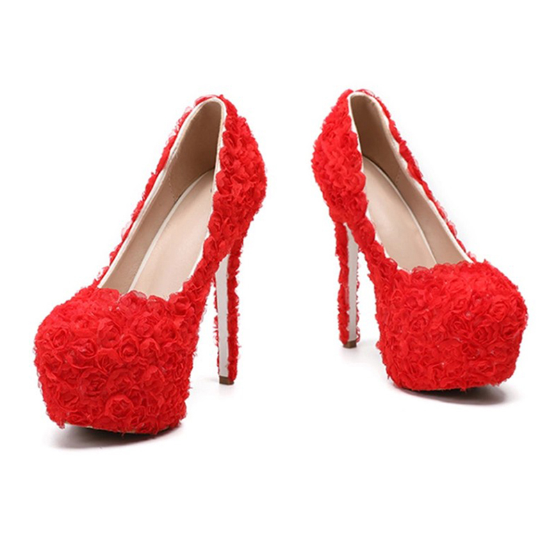 Women's High Heeled Thick Lace Bride's Wedding Shoes Round Head Hat Shoe 34-43