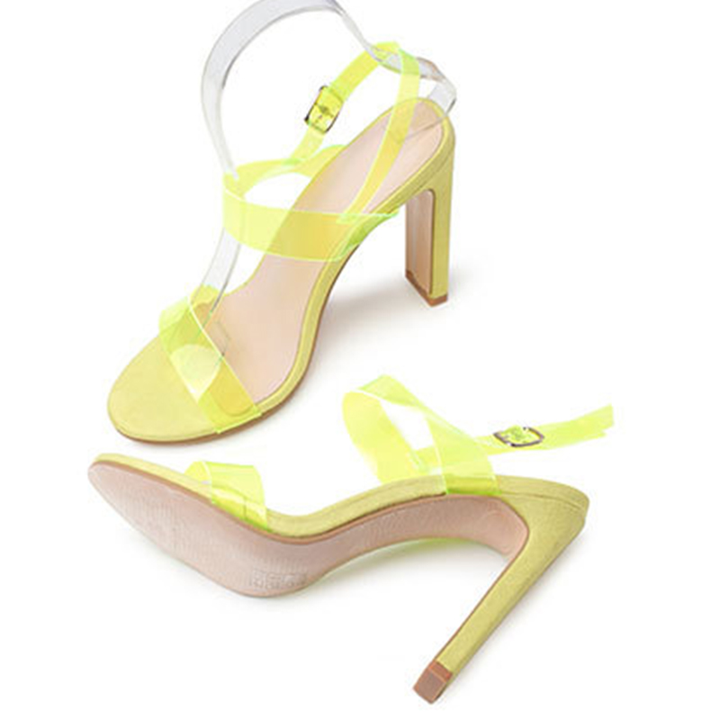 Women&apos;s new summer tip fish mouth sandals transparent thick heels yellow-green 35-42 yards