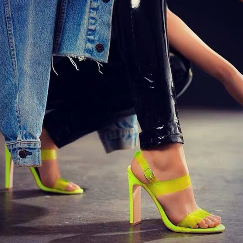 Women&apos;s new summer tip fish mouth sandals transparent thick heels yellow-green 35-42 yards