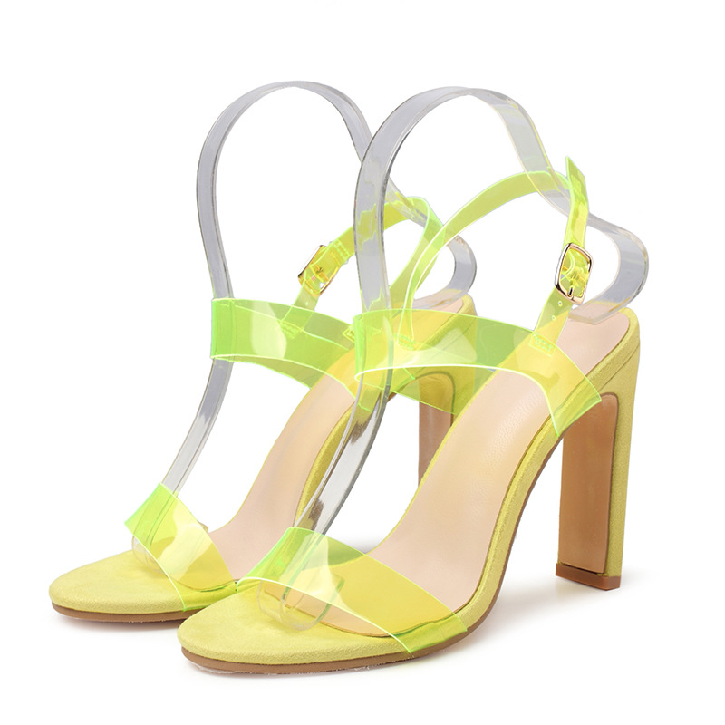 Women&apos;s new summer tip fish mouth sandals transparent thick heels yellow-green 35-42 yards