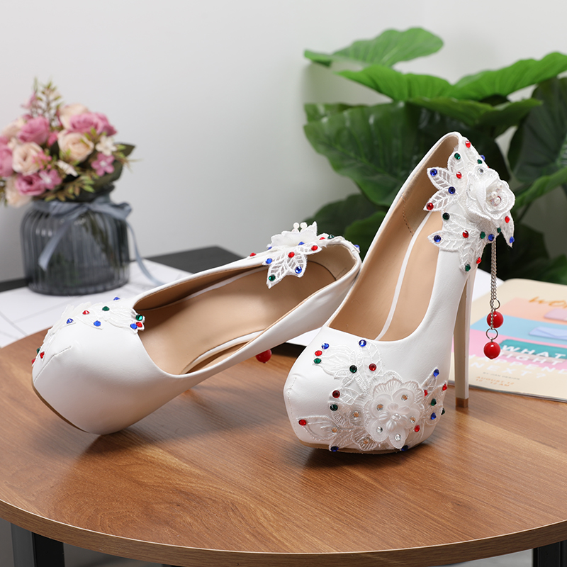 Women's 1 pair of soft leather light mouth wedding shoes round head high heels white 34-43