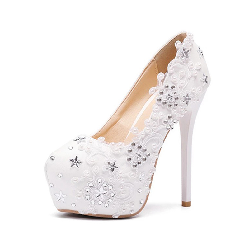 Women's soft skin, shallow mouth, high heels, lace, lace, diamond, wedding shoes, white 43.