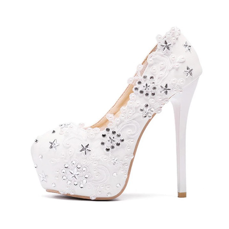 Women's soft skin, shallow mouth, high heels, lace, lace, diamond, wedding shoes, white 43.