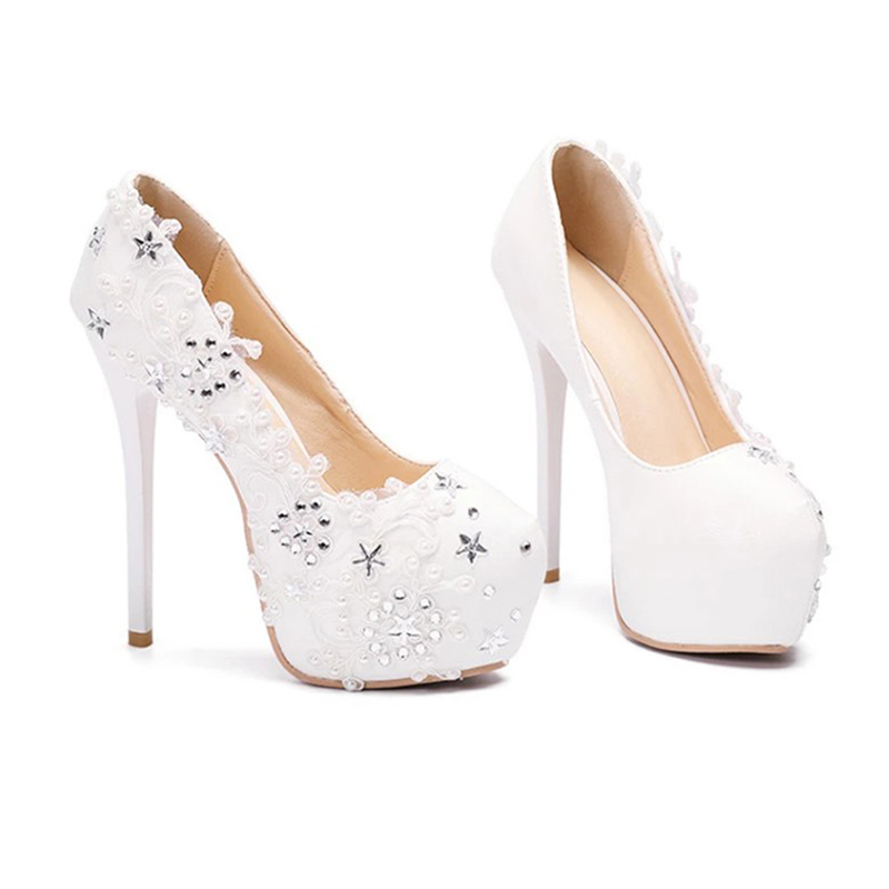 Women's soft skin, shallow mouth, high heels, lace, lace, diamond, wedding shoes, white 43.