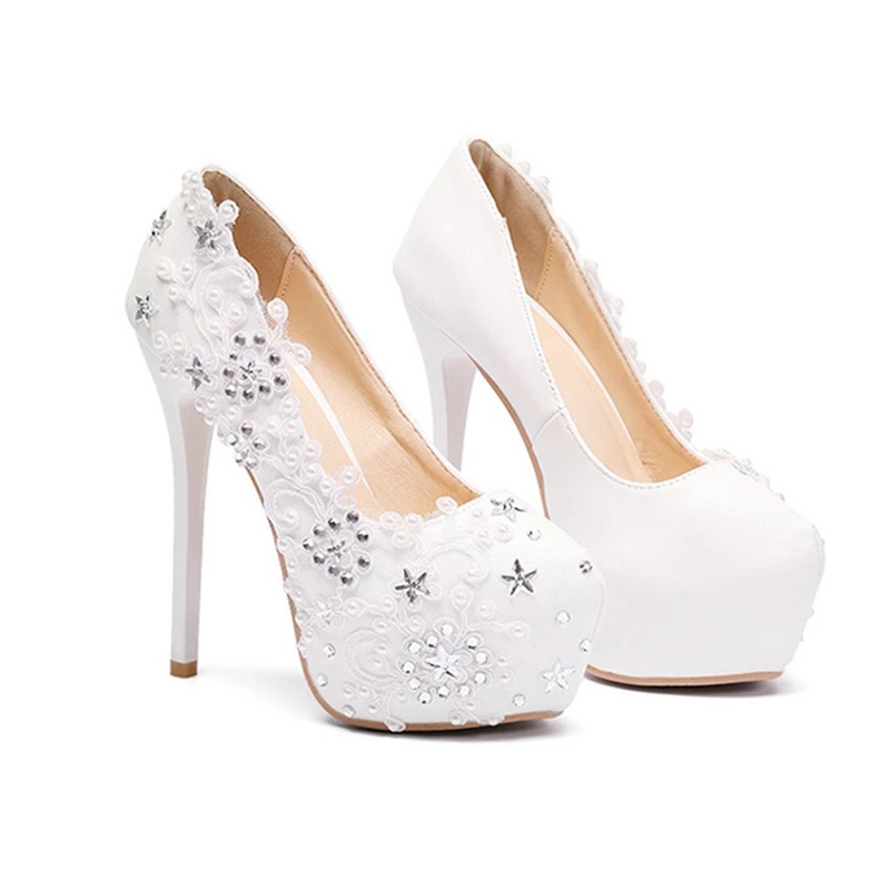 Women's soft skin, shallow mouth, high heels, lace, lace, diamond, wedding shoes, white 43.