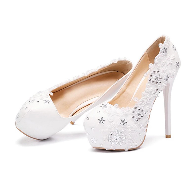 Women's soft skin, shallow mouth, high heels, lace, lace, diamond, wedding shoes, white 43.