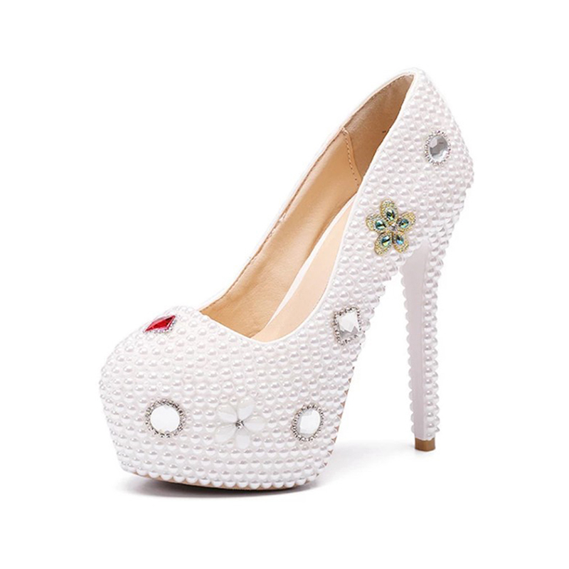 Women's 1 pair of soft leather Pearl wedding shoes round head shallow high heels white 34-43