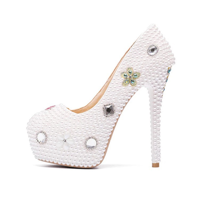 Women's 1 pair of soft leather Pearl wedding shoes round head shallow high heels white 34-43