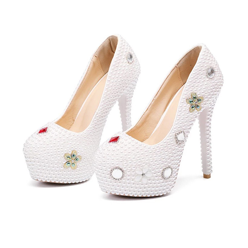 Women's 1 pair of soft leather Pearl wedding shoes round head shallow high heels white 34-43