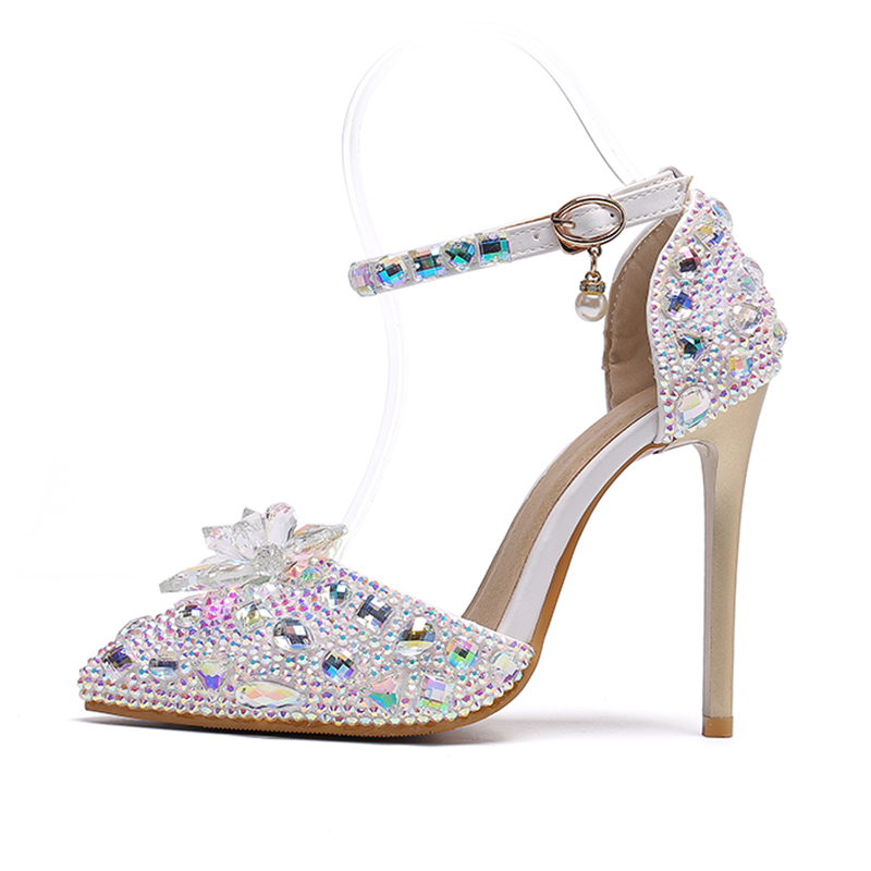 Women's 1 pair of soft leather crystal wedding shoes, tip, shallow, high heels, color 38.