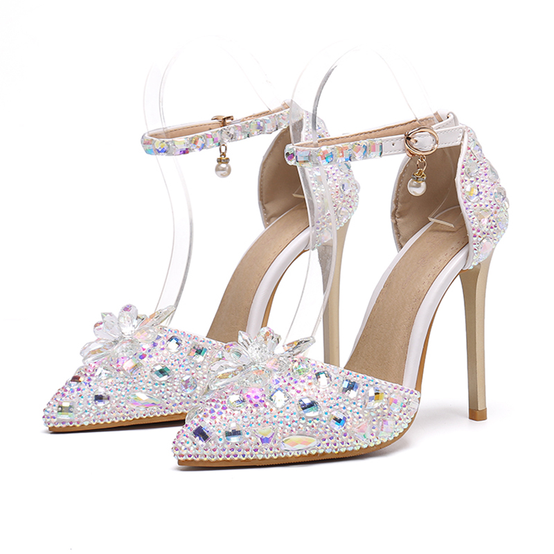 Women's 1 pair of soft leather crystal wedding shoes, tip, shallow, high heels, color 38.