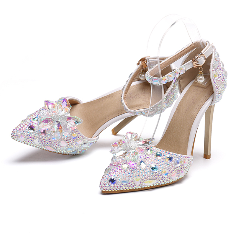 Women's 1 pair of soft leather crystal wedding shoes, tip, shallow, high heels, color 38.