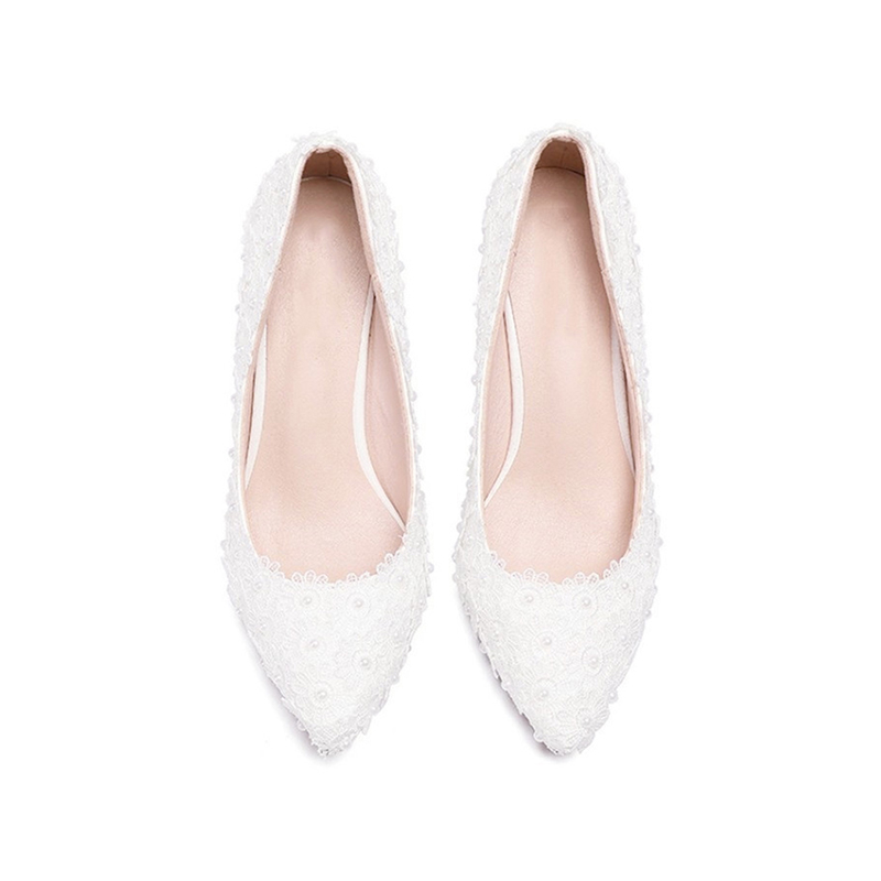 Women's 1 pair of soft skin, shallow mouth, pointed slope, and flashing lace wedding shoes, white 43