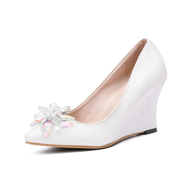 Women's 1 pair of soft skin, shallow mouth, pointed slope and crystal lace wedding shoes, white 43