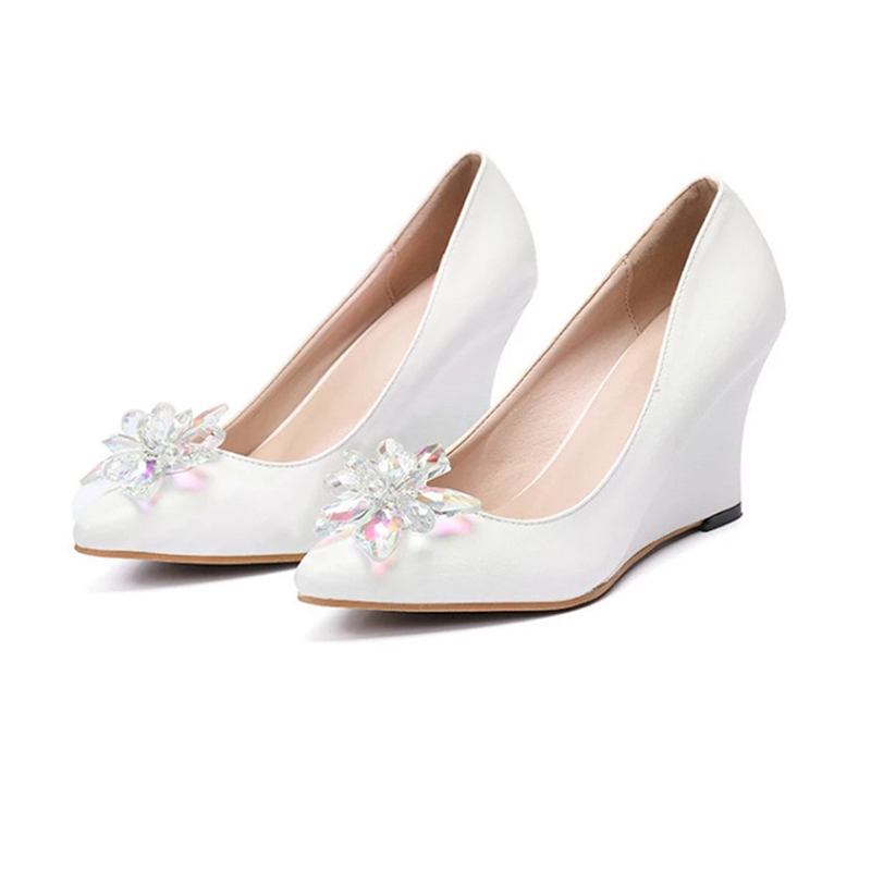 Women's 1 pair of soft skin, shallow mouth, pointed slope and crystal lace wedding shoes, white 43