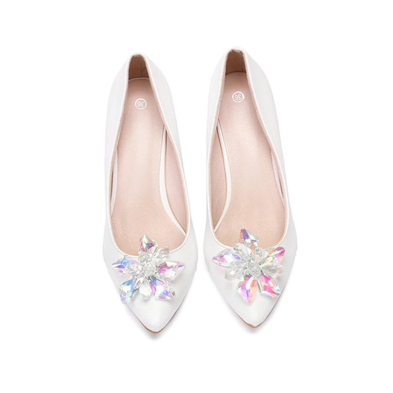 Women's 1 pair of soft skin, shallow mouth, pointed slope and crystal lace wedding shoes, white 43