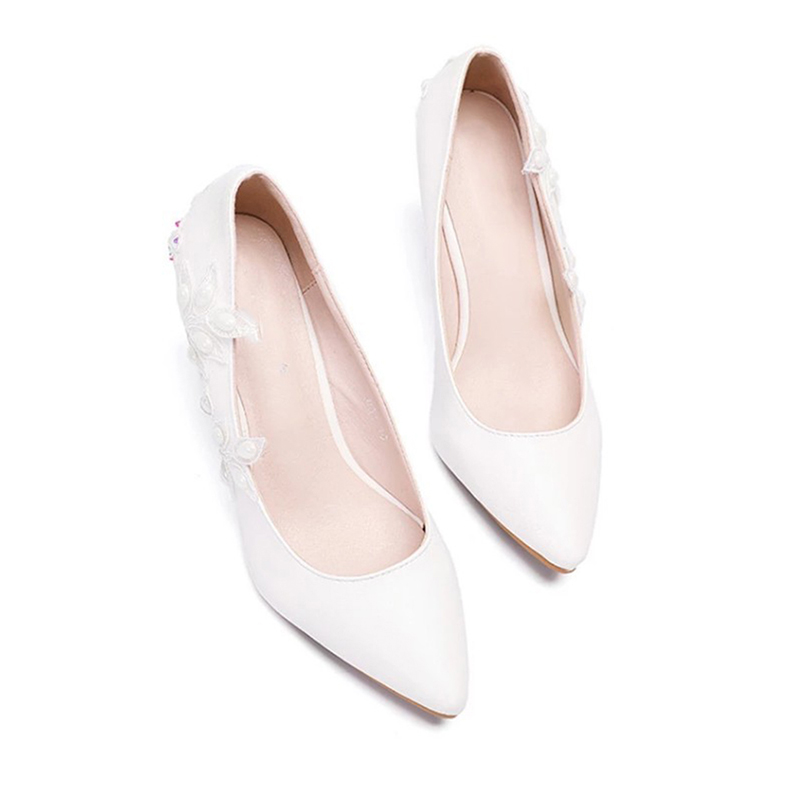 Women's 1 pair of soft skin, shallow mouth, pointed slope and crystal lace wedding shoes, white 43