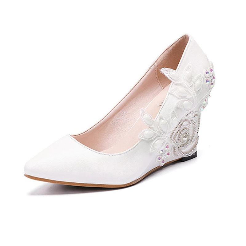 Women's 1 pair of soft skin, shallow mouth, pointed slope and crystal lace wedding shoes, white 43