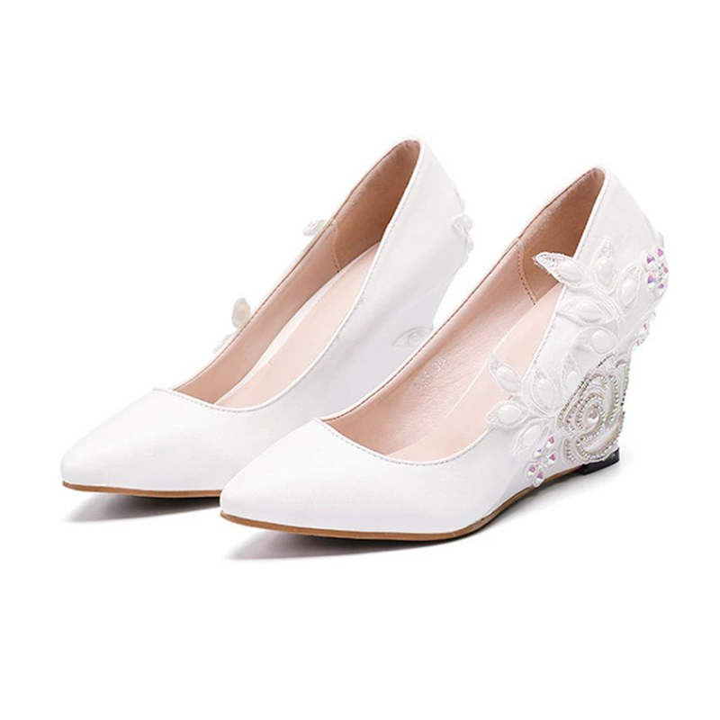 Women's 1 pair of soft skin, shallow mouth, pointed slope and crystal lace wedding shoes, white 43