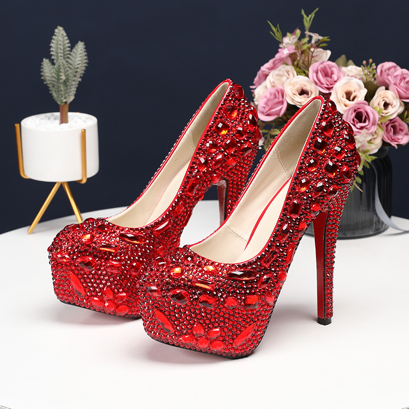 Women&apos;s 1 pair of soft skin shallow round mouth banquet shoes crystal wedding shoes red 43