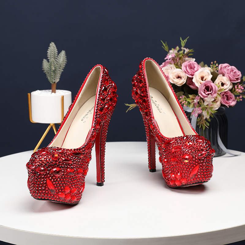Women&apos;s 1 pair of soft skin shallow round mouth banquet shoes crystal wedding shoes red 43