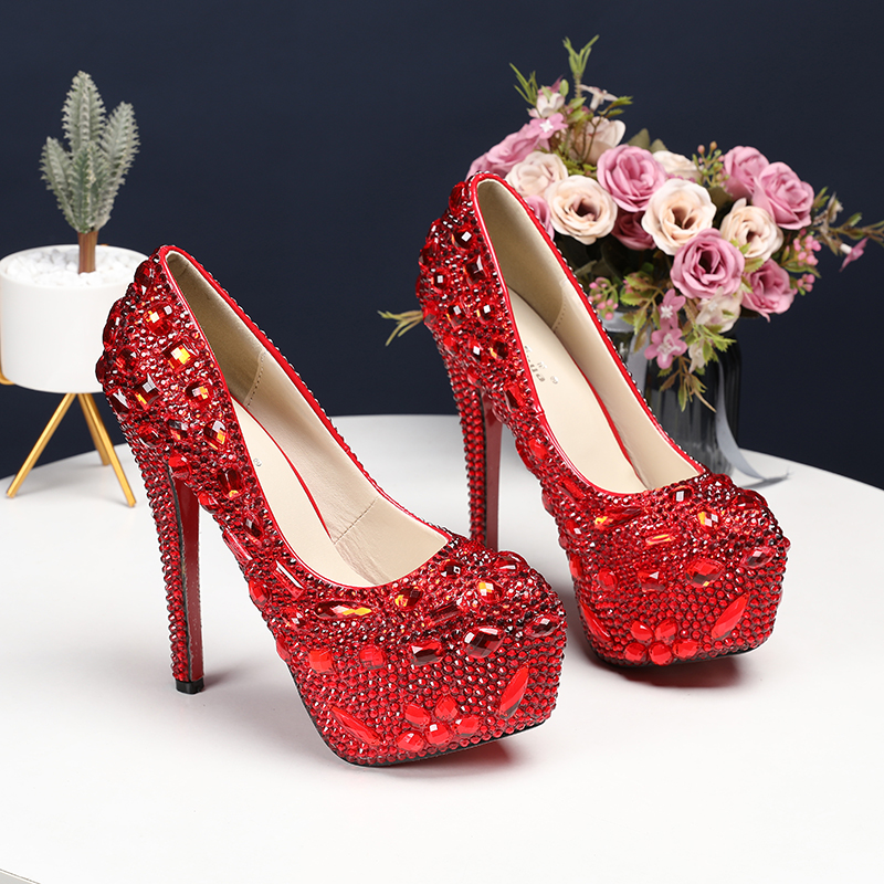 Women&apos;s 1 pair of soft skin shallow round mouth banquet shoes crystal wedding shoes red 43