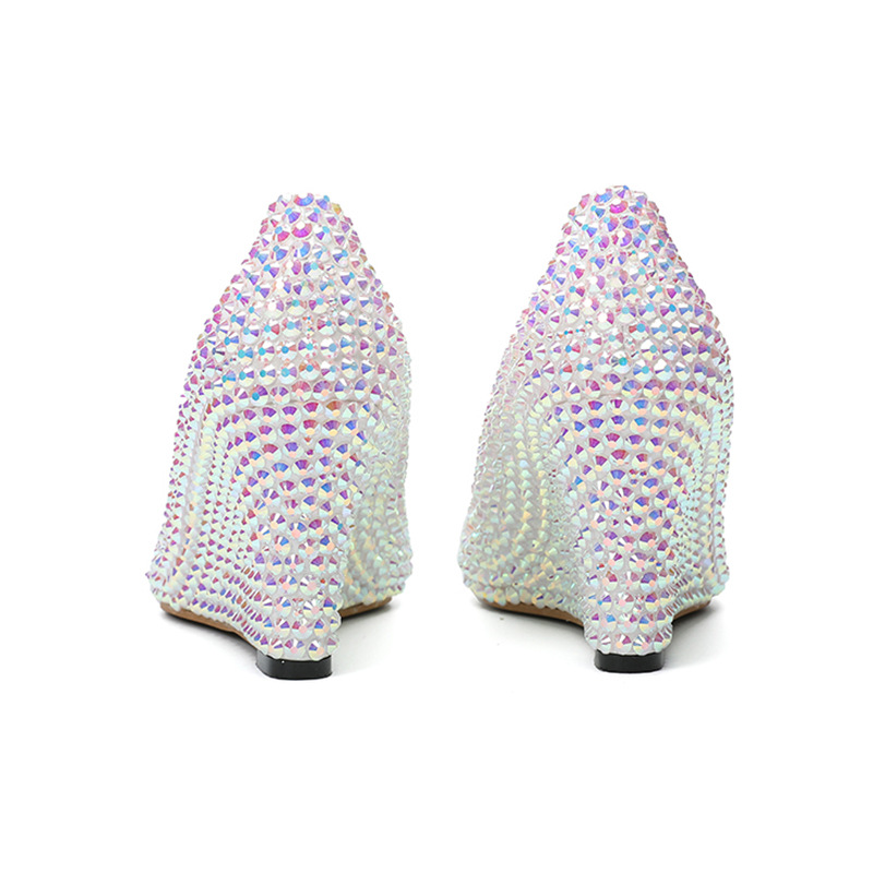 Women&apos;s high heels, color diamond, crystal wedding shoes, tip, shallow crystal banquet shoes.