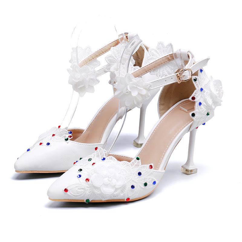 Women's Single Shoes White Lace Flowers Colorful Diamond Tip Banquet Wedding Shoes EU42