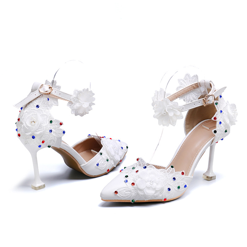 Women's Single Shoes White Lace Flowers Colorful Diamond Tip Banquet Wedding Shoes EU42