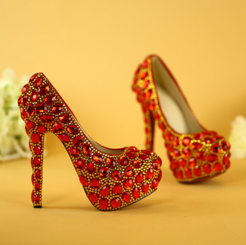 Women's Crystal Shoes Wedding Shoes High-heeled Round Head Banquet Size Single Shoes