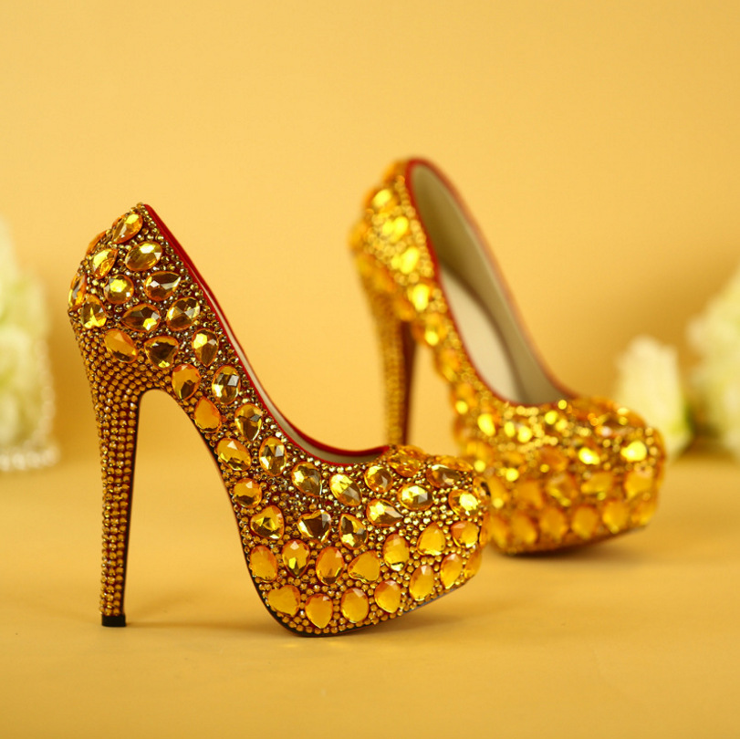 Women's Crystal Shoes Wedding Shoes High-heeled Round Head Banquet Size Single Shoes