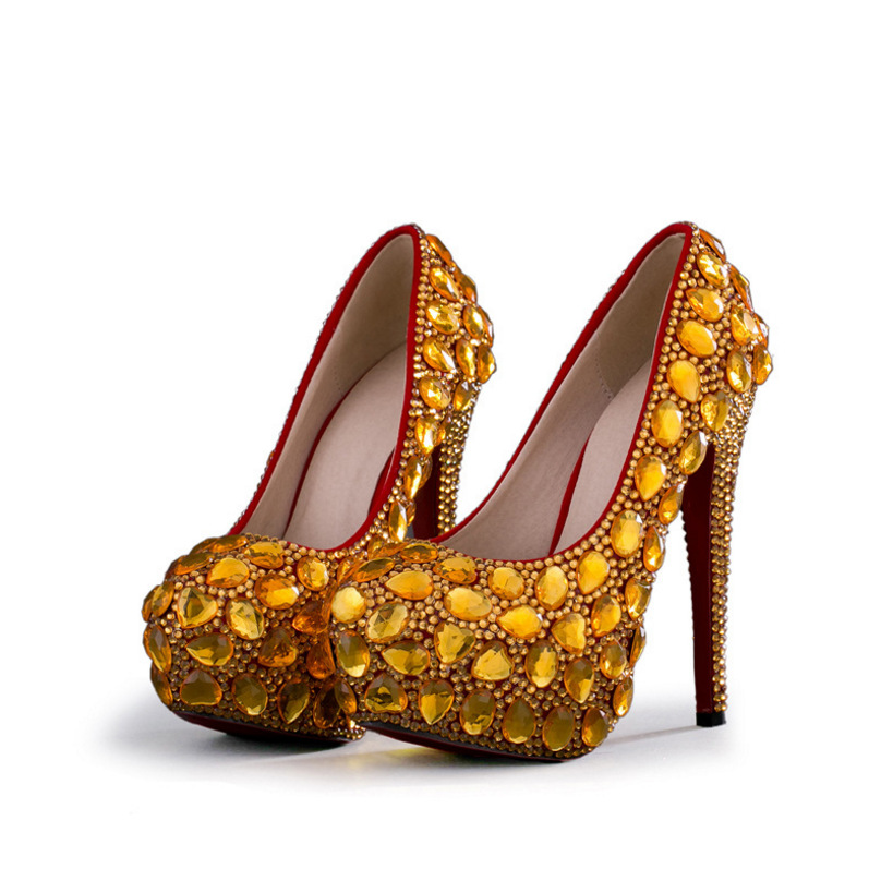 Women's Crystal Shoes Wedding Shoes High-heeled Round Head Banquet Size Single Shoes