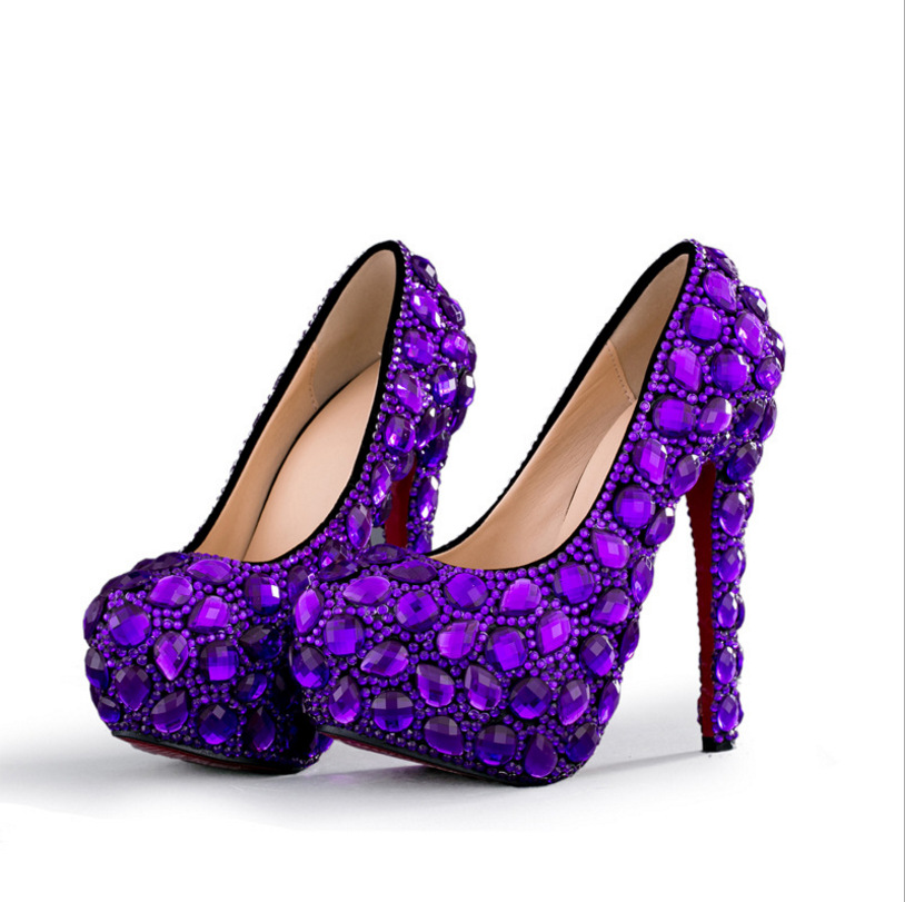 Women's Crystal Shoes Wedding Shoes High-heeled Round Head Banquet Size Single Shoes