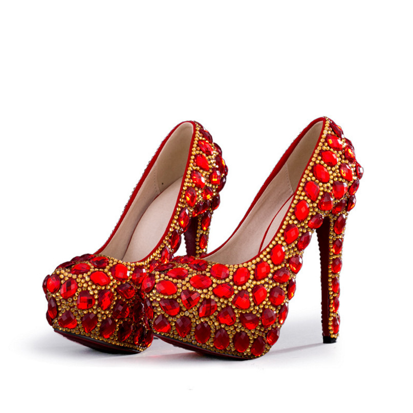 Women&apos;s Crystal Shoes Wedding Shoes High-heeled Round Head Banquet Size Single Shoes