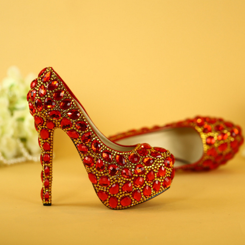 Women&apos;s Crystal Shoes Wedding Shoes High-heeled Round Head Banquet Size Single Shoes
