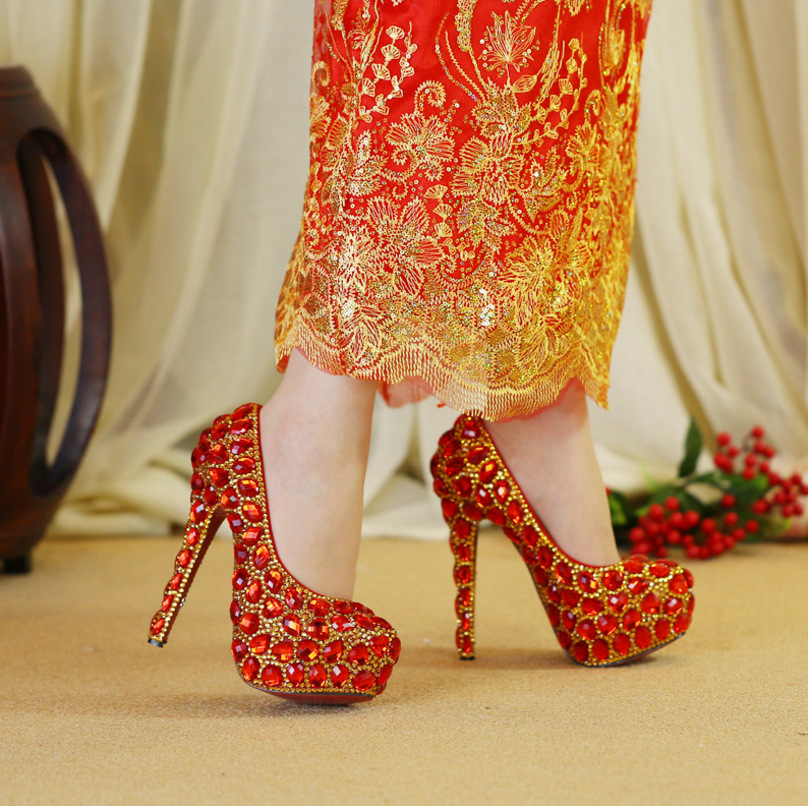 Women&apos;s Crystal Shoes Wedding Shoes High-heeled Round Head Banquet Size Single Shoes