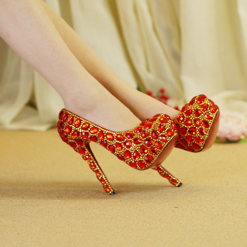Women&apos;s Crystal Shoes Wedding Shoes High-heeled Round Head Banquet Size Single Shoes