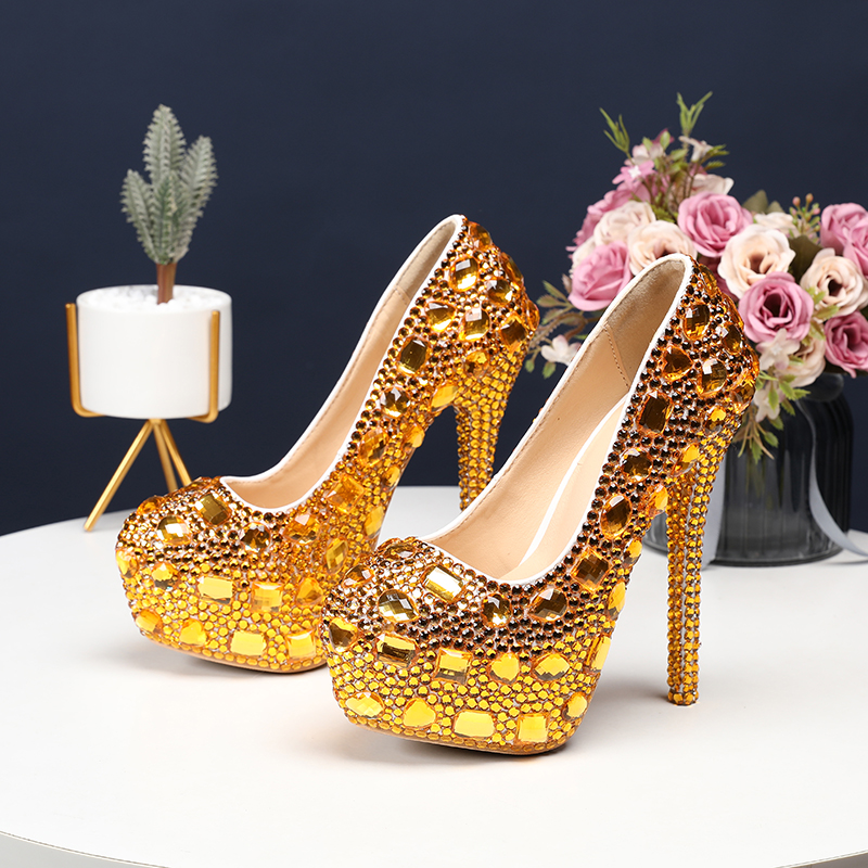 Women&apos;s Crystal Shoes Wedding Shoes High-heeled Round Head Banquet Size Single Shoes