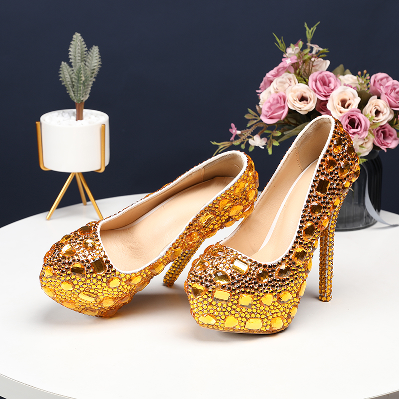 Women&apos;s Crystal Shoes Wedding Shoes High-heeled Round Head Banquet Size Single Shoes