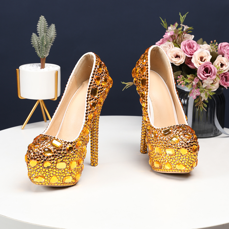 Women&apos;s Crystal Shoes Wedding Shoes High-heeled Round Head Banquet Size Single Shoes