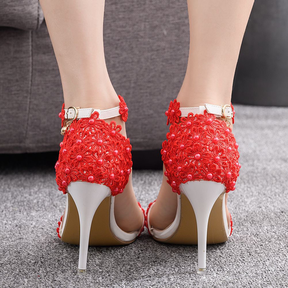 Women's high-heeled sandals Bridesmaid Wedding shoes lace flower banquet shoes slim heels fish mouth