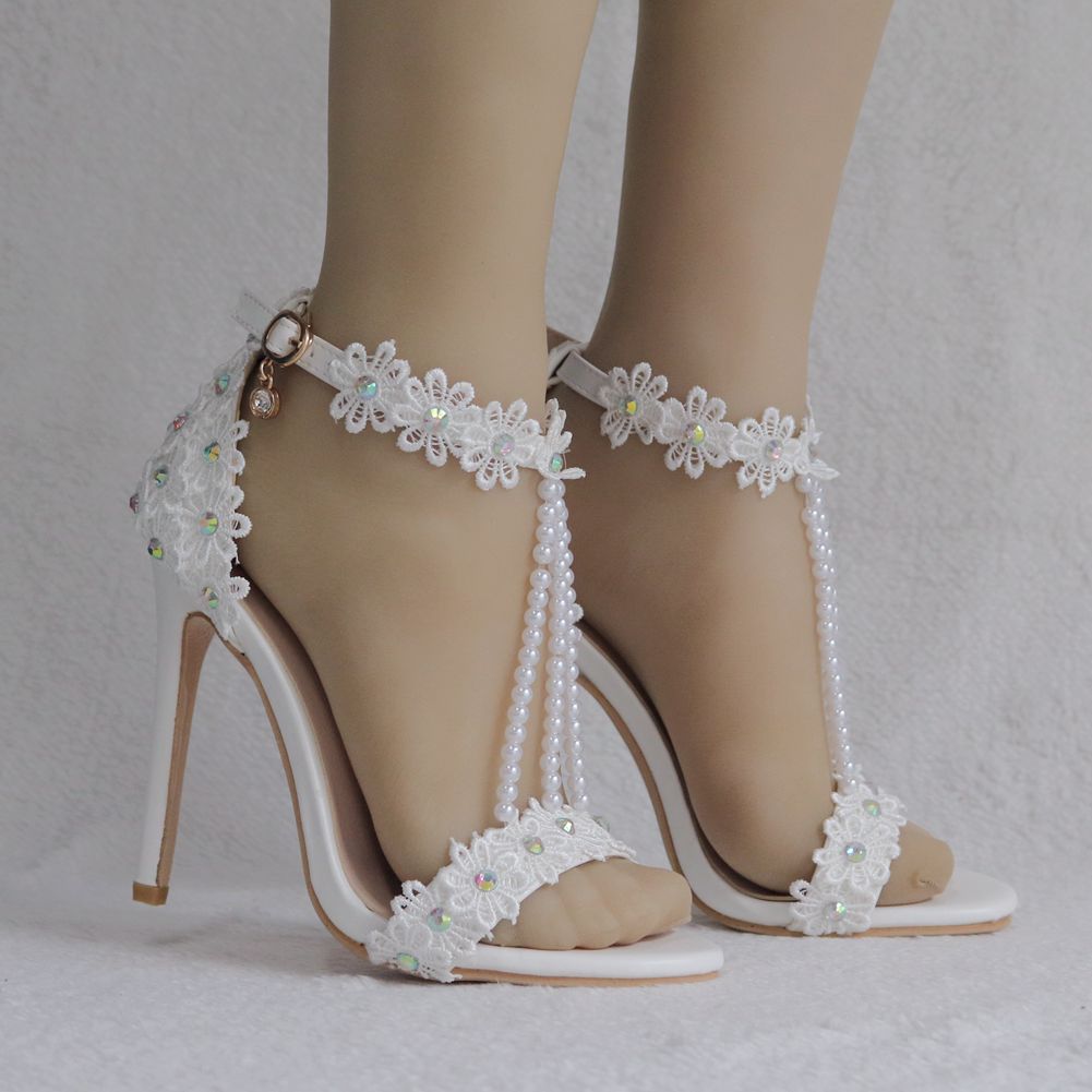 Women's slim stiletto fish mouth Roman open-toe sandals beaded sexy high-heeled wedding shoes 37
