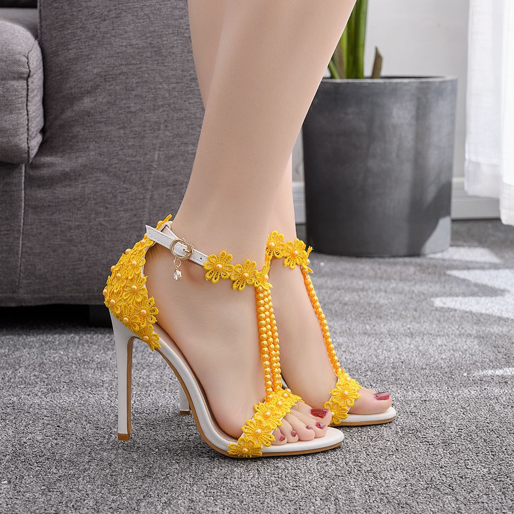 Women's slim stiletto fish mouth Roman open-toe sandals beaded sexy high-heeled wedding shoes 37